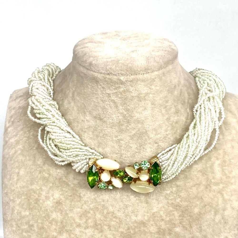 Beaded Green Multi-Strand Necklace with Crystal Accent Vintage